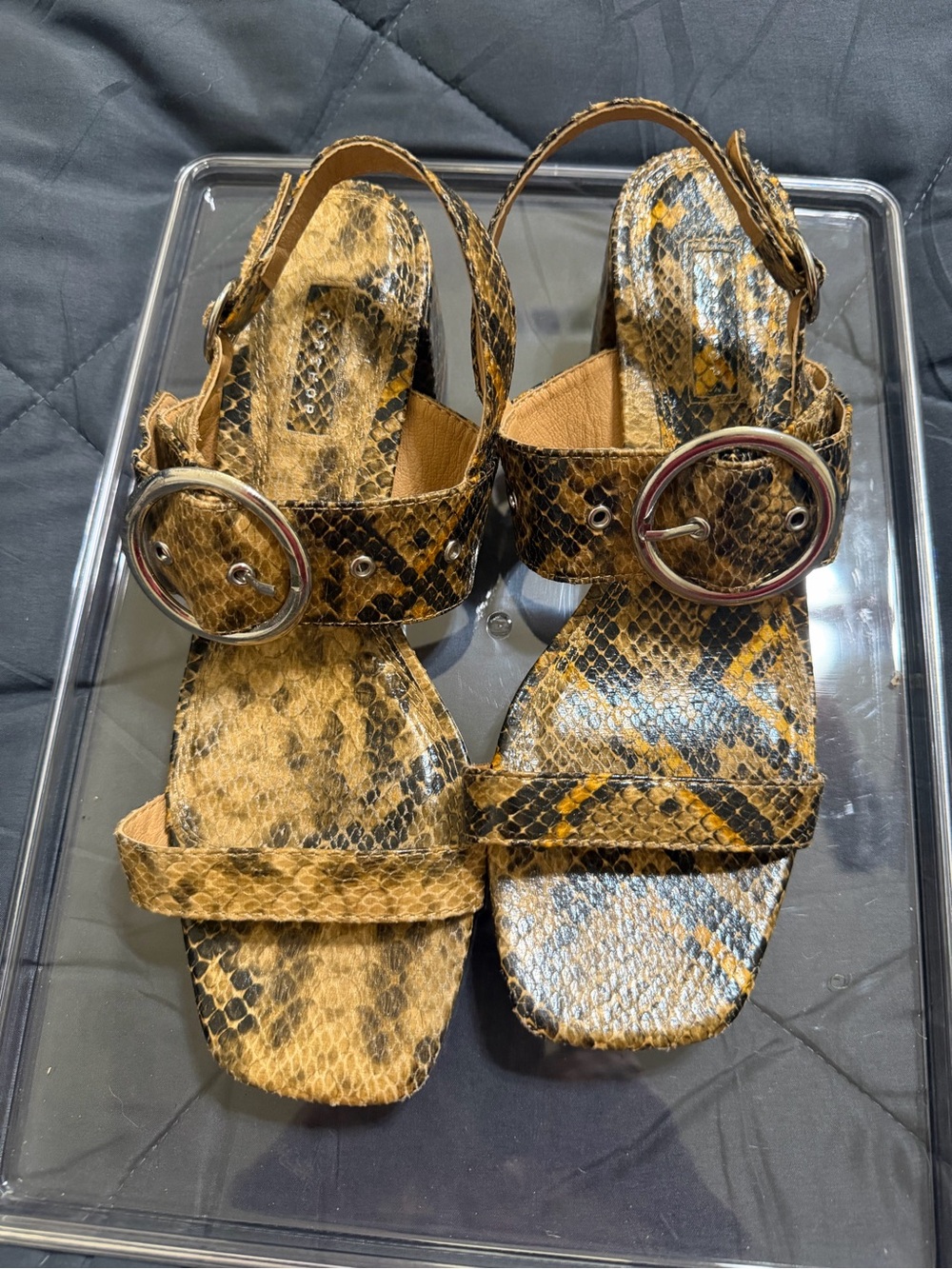 Topshop Yellow & Black Snake-Print Buckle Sling Sandals